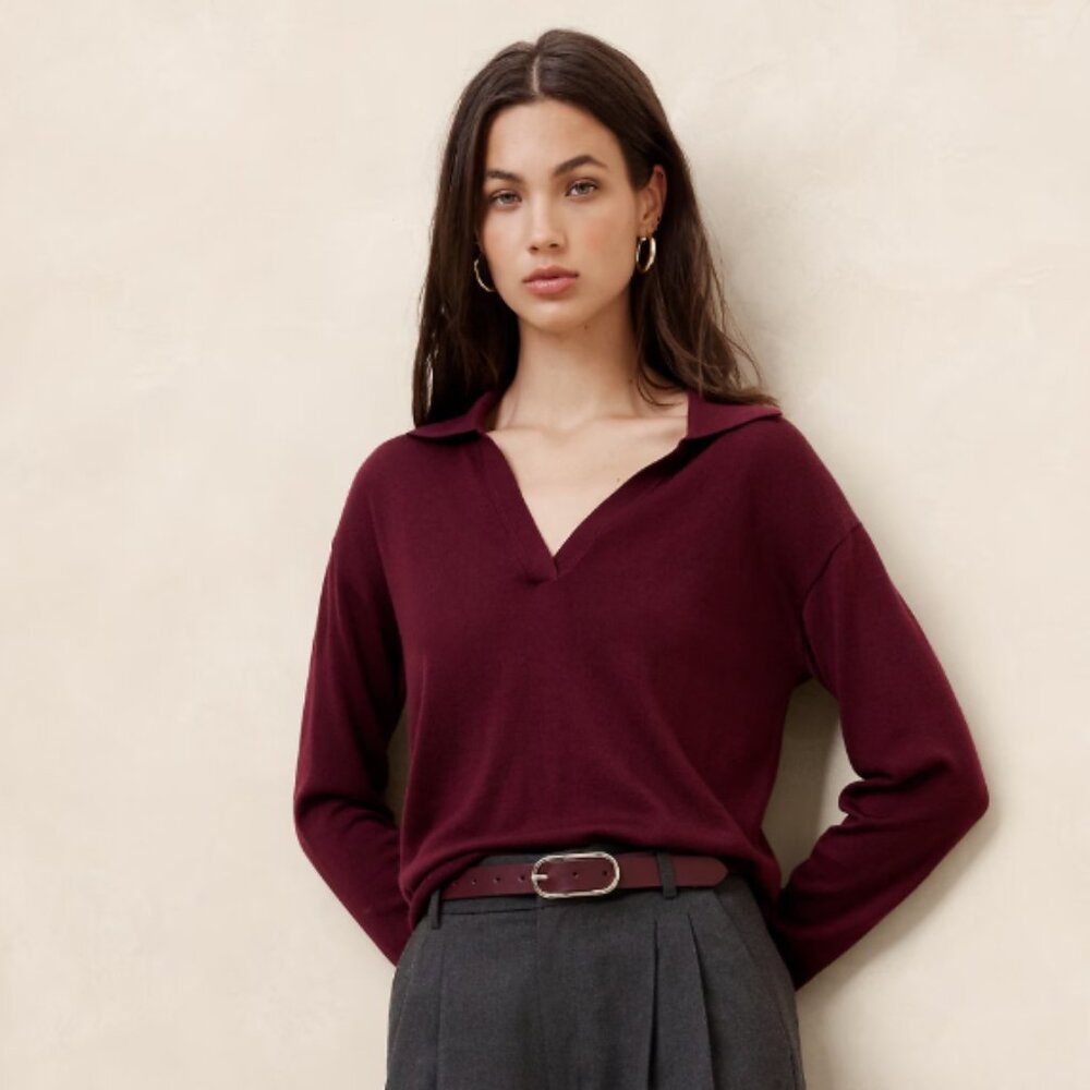 Burgundy Maroon Merino Wool Johnny-Collar Sweater